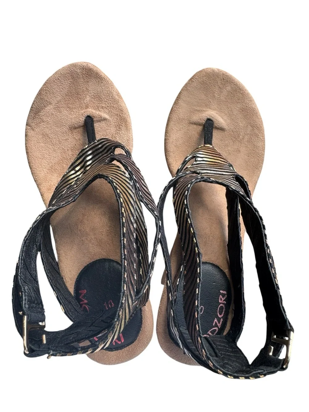 Modzori Strappy Wedge Sandals Size 10 Black Gold Metallic Leather Platform